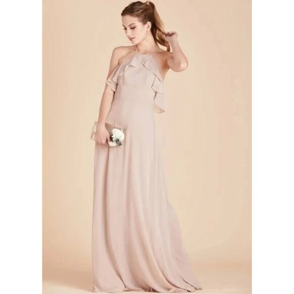 NEW Birdy Grey Jules Champagne Maxi Dress XL Ruffled Halter Bridesmaid Formal Pr